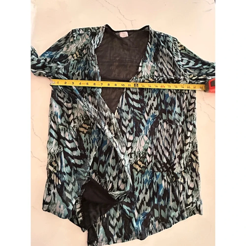 Chicos Mesh Open Front Cardigan Blue Teal Abstract Print Long Sleeve Top M L